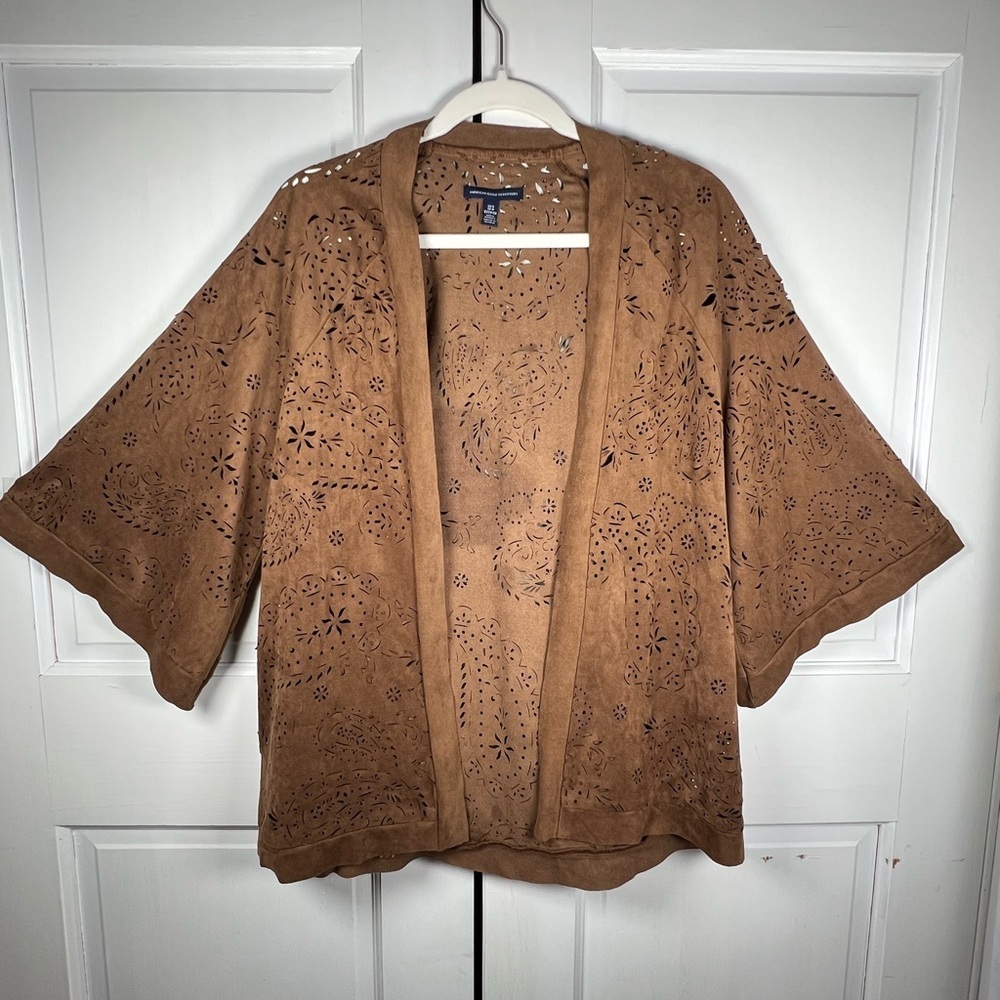 AE Outfitters Faux Suede Laser-Cut Open Front Kimono Sweater Brown Size XS - Picture 2 of 8